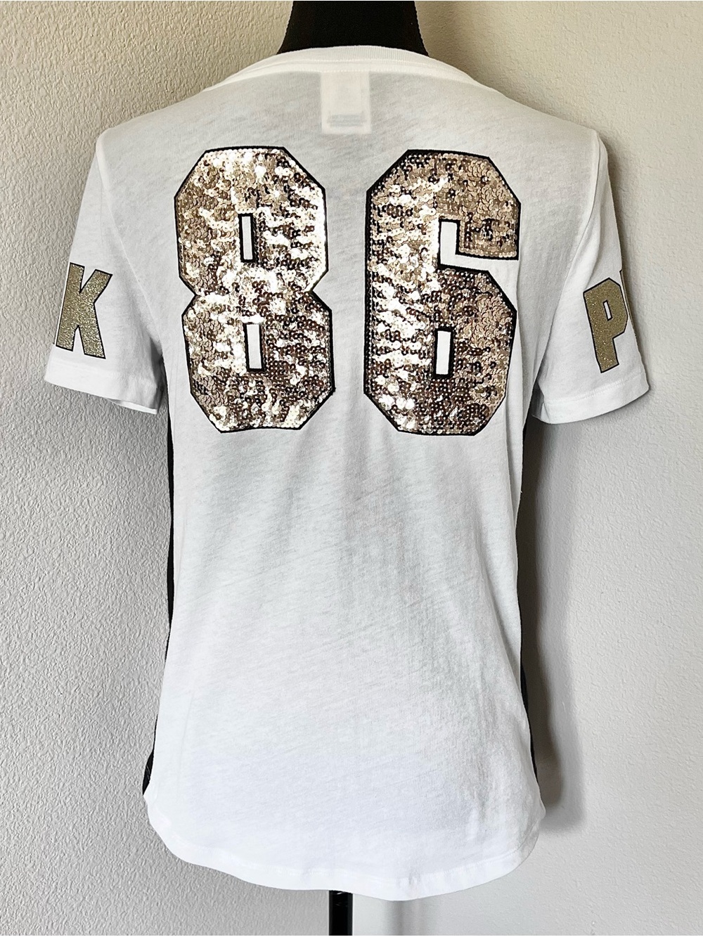 EXC • VS PINK “86” Gold Sequin White Tee •